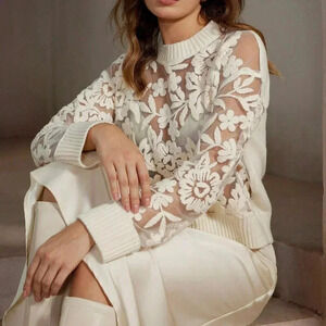 White Casual Women's Sexy Flower Jacquard Sheer Mesh Panel Sweater